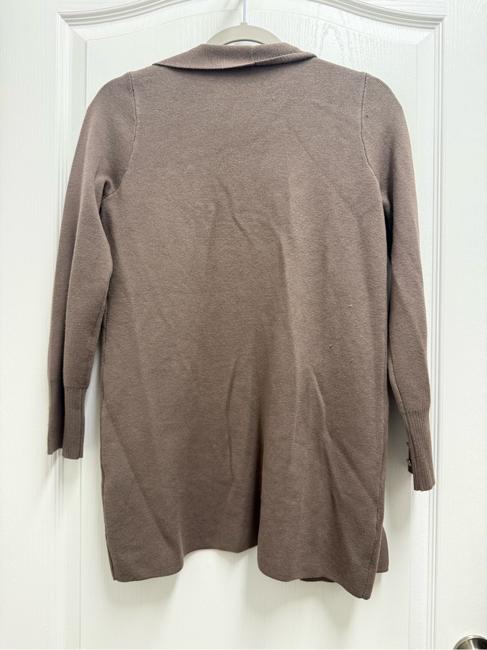 Cyrus Taupe Open-Front Longline Cardigan with Gold Cuff Buttons - Picture 2 of 4